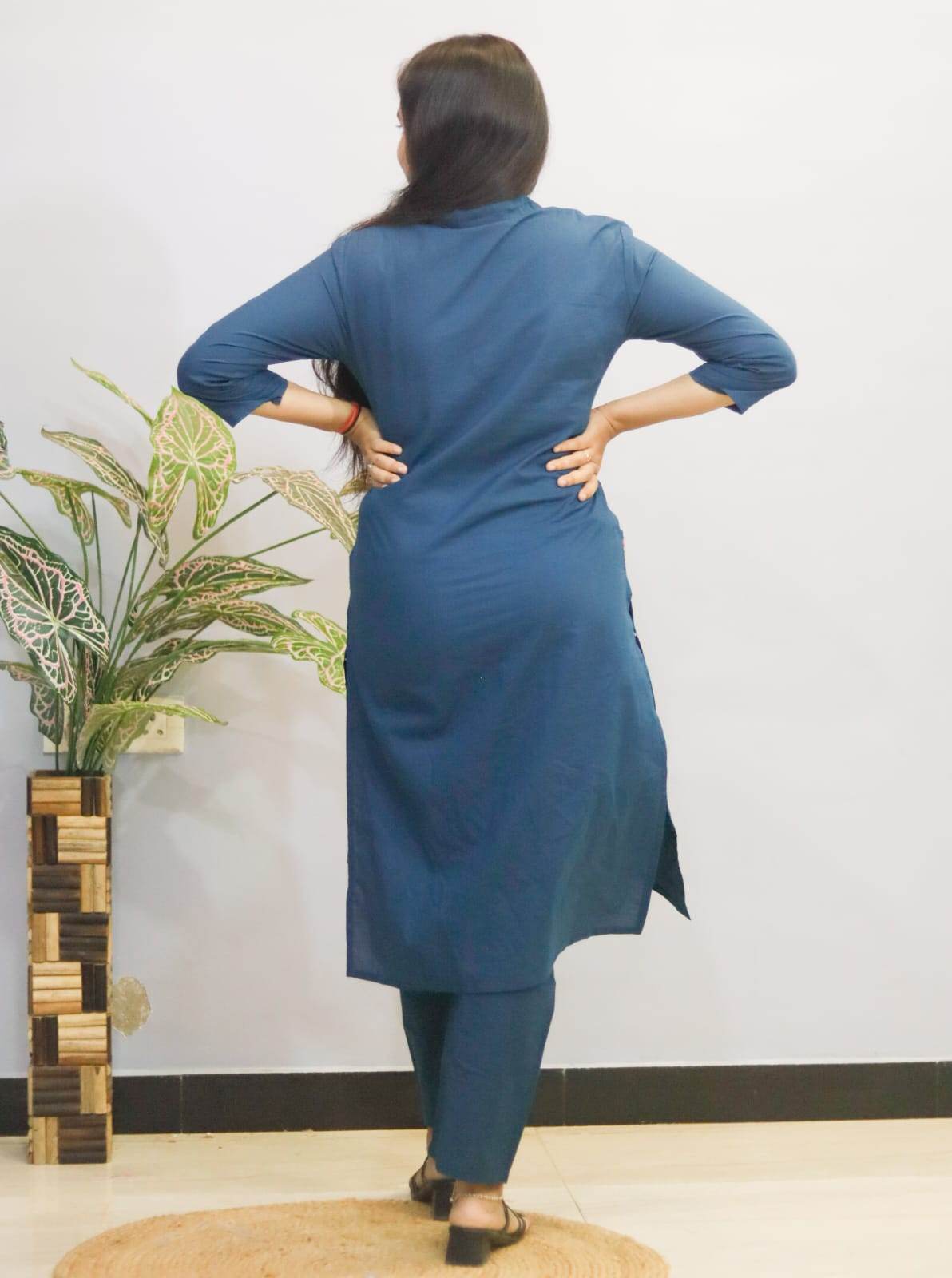 Blue indgo pure cotton kurti pant cord set with pocket for working women - CandiRobes
