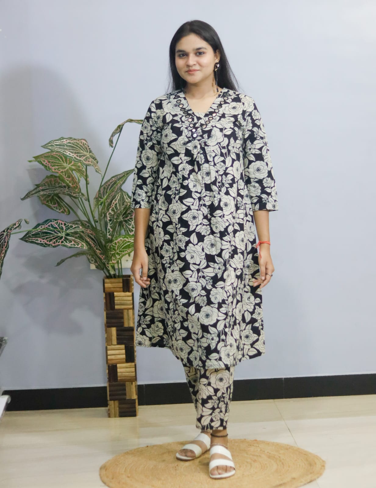 Black Floral Cotton Kurti Pant , Cord Set