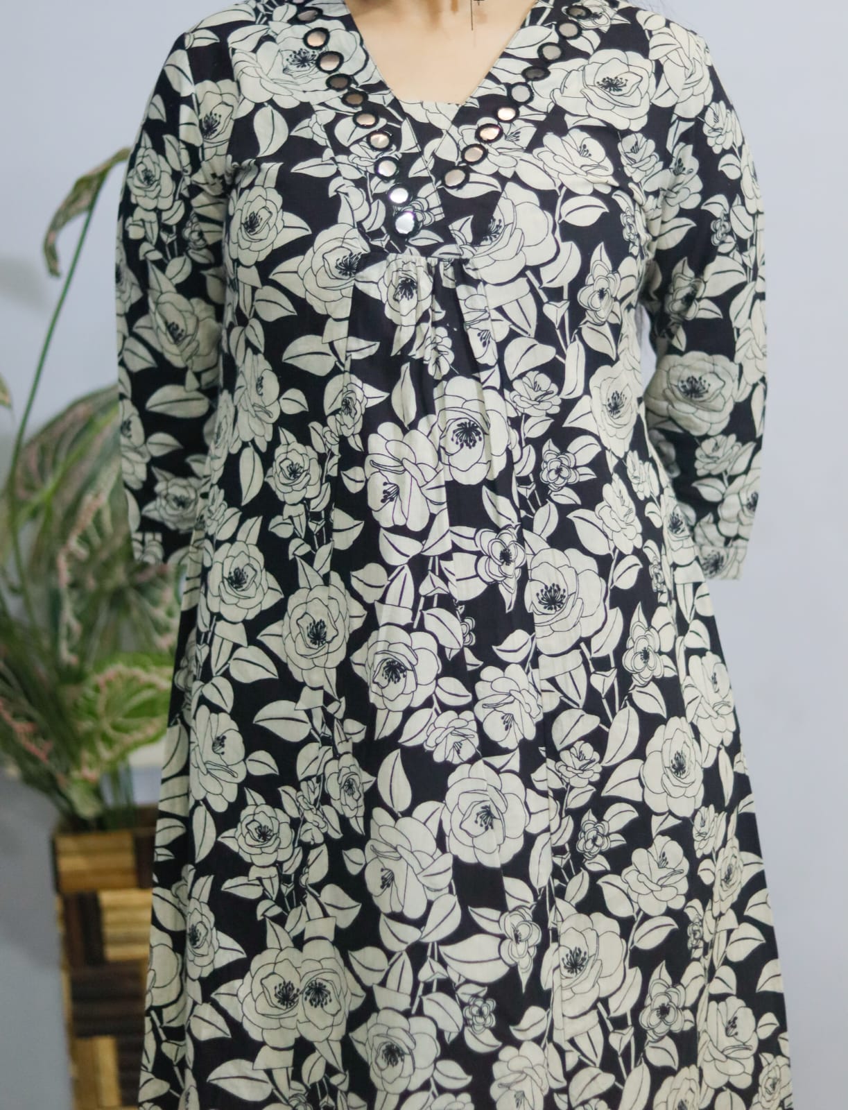 Black Floral Cotton Kurti Pant , Cord Set