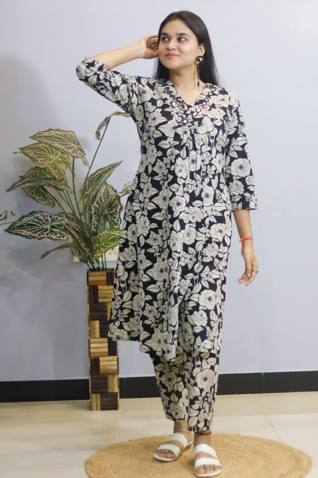 Black Floral Cotton Kurti Pant , Cord Set