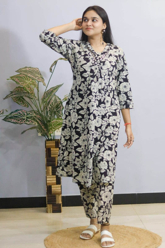 Black Floral Cotton Kurti Pant , Cord Set - CandiRobes