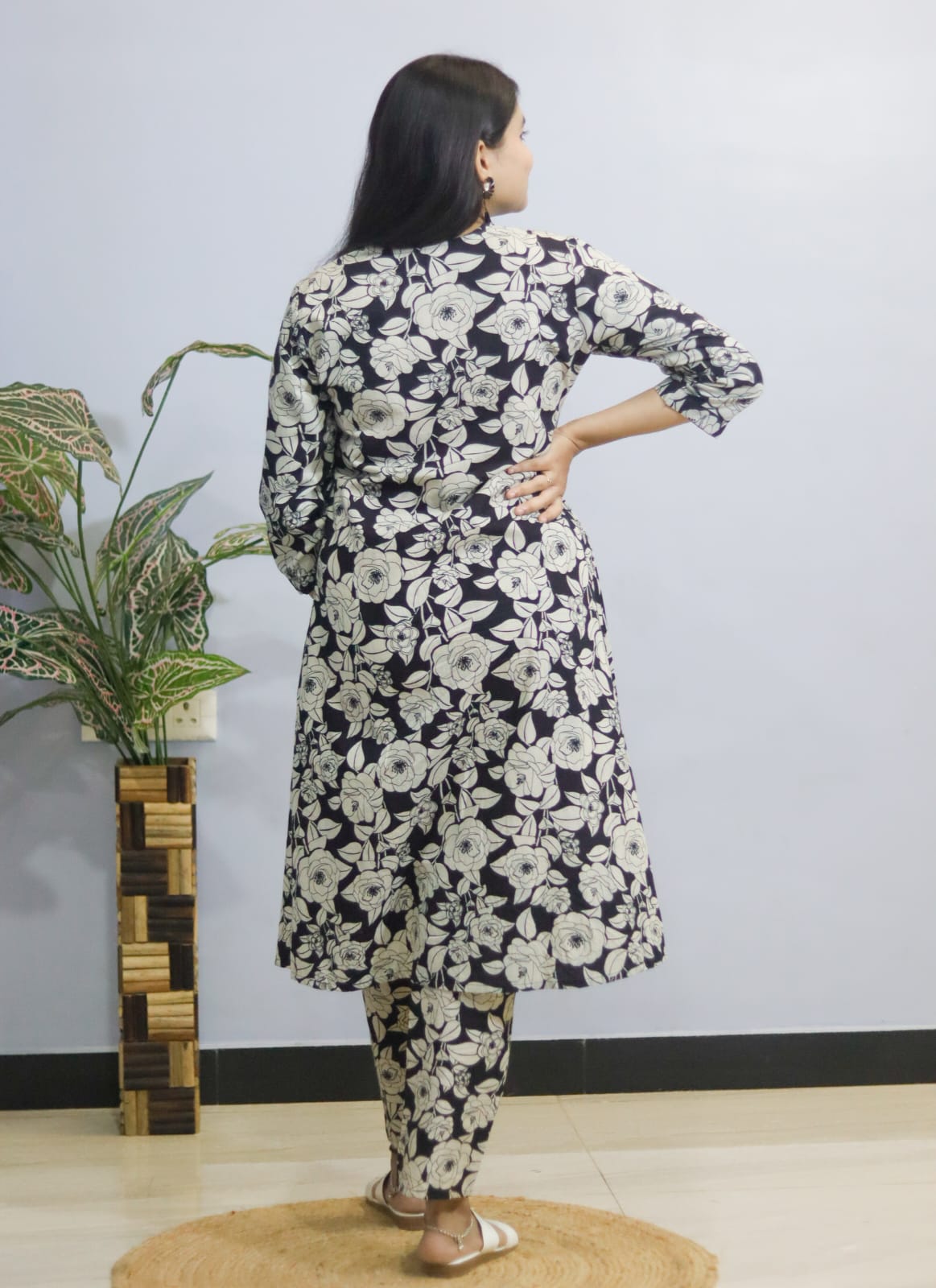 Black Floral Cotton Kurti Pant , Cord Set