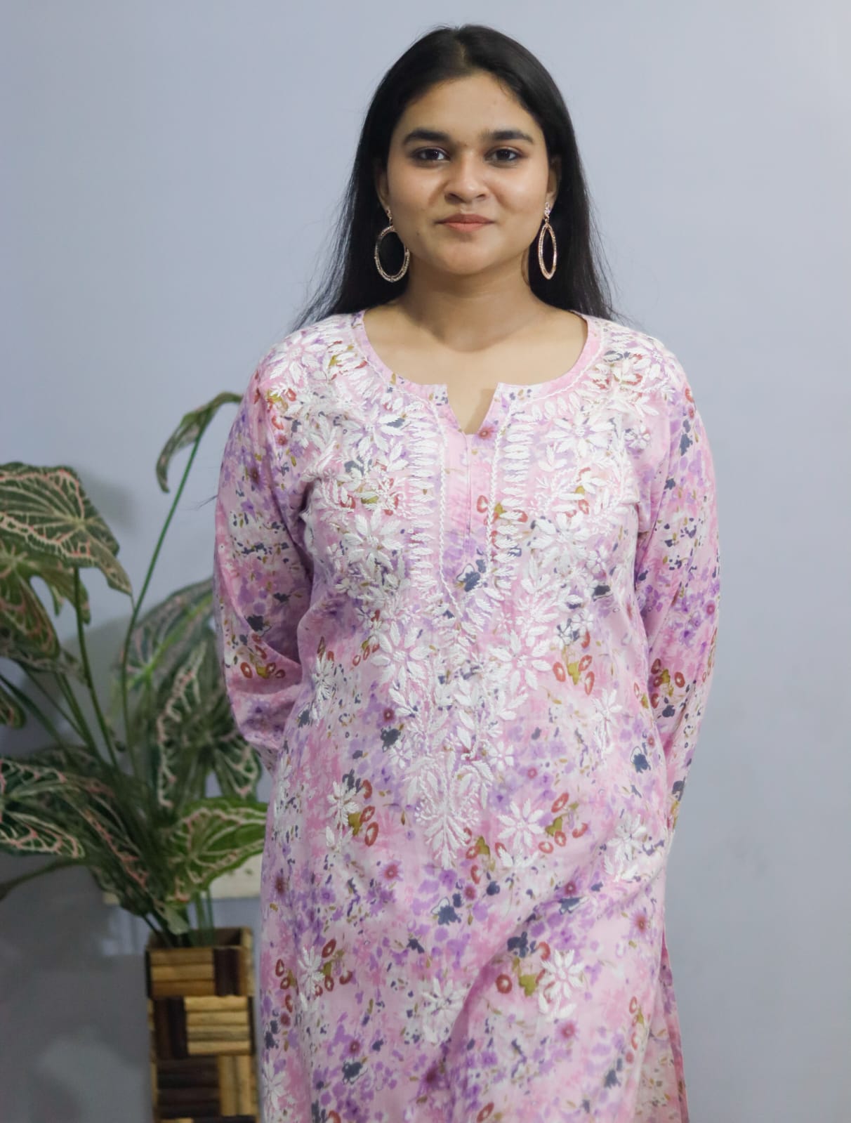 pastel pink Mal Mal Cotton kurti-pant set Chikankari floral print.