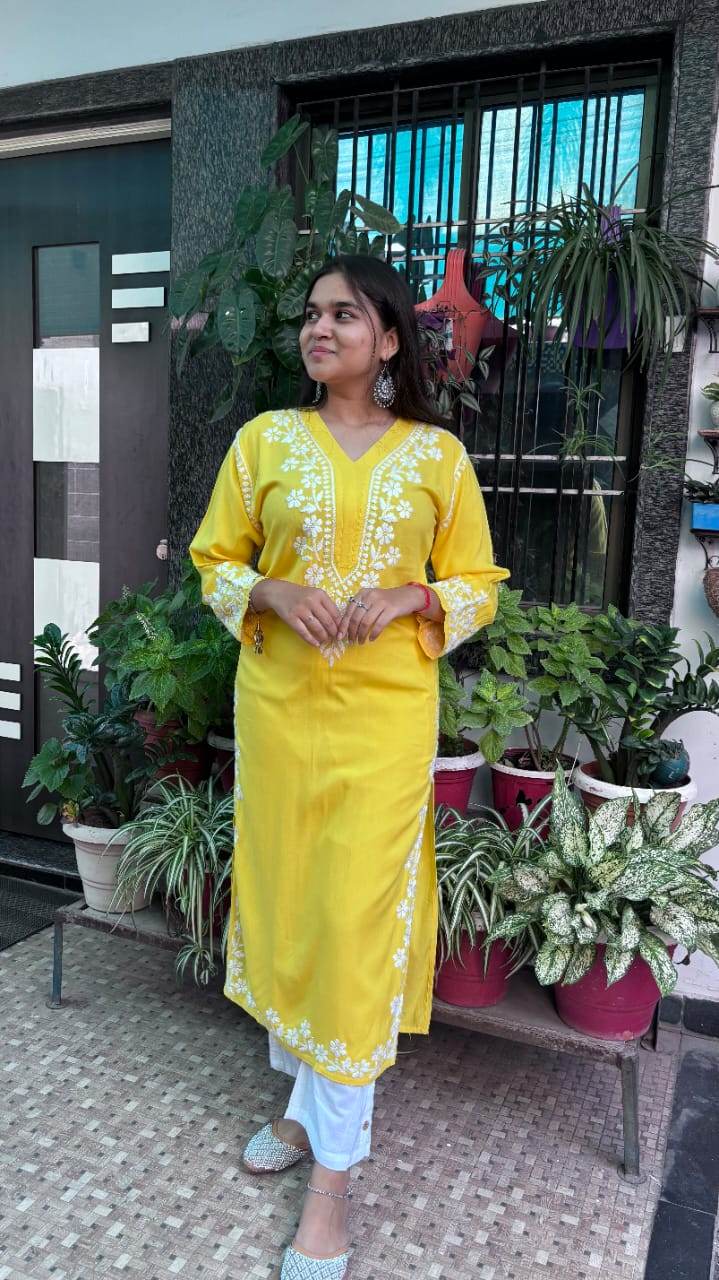Zehra Sunshine Yellow Chikankari Kurti - CandiRobes