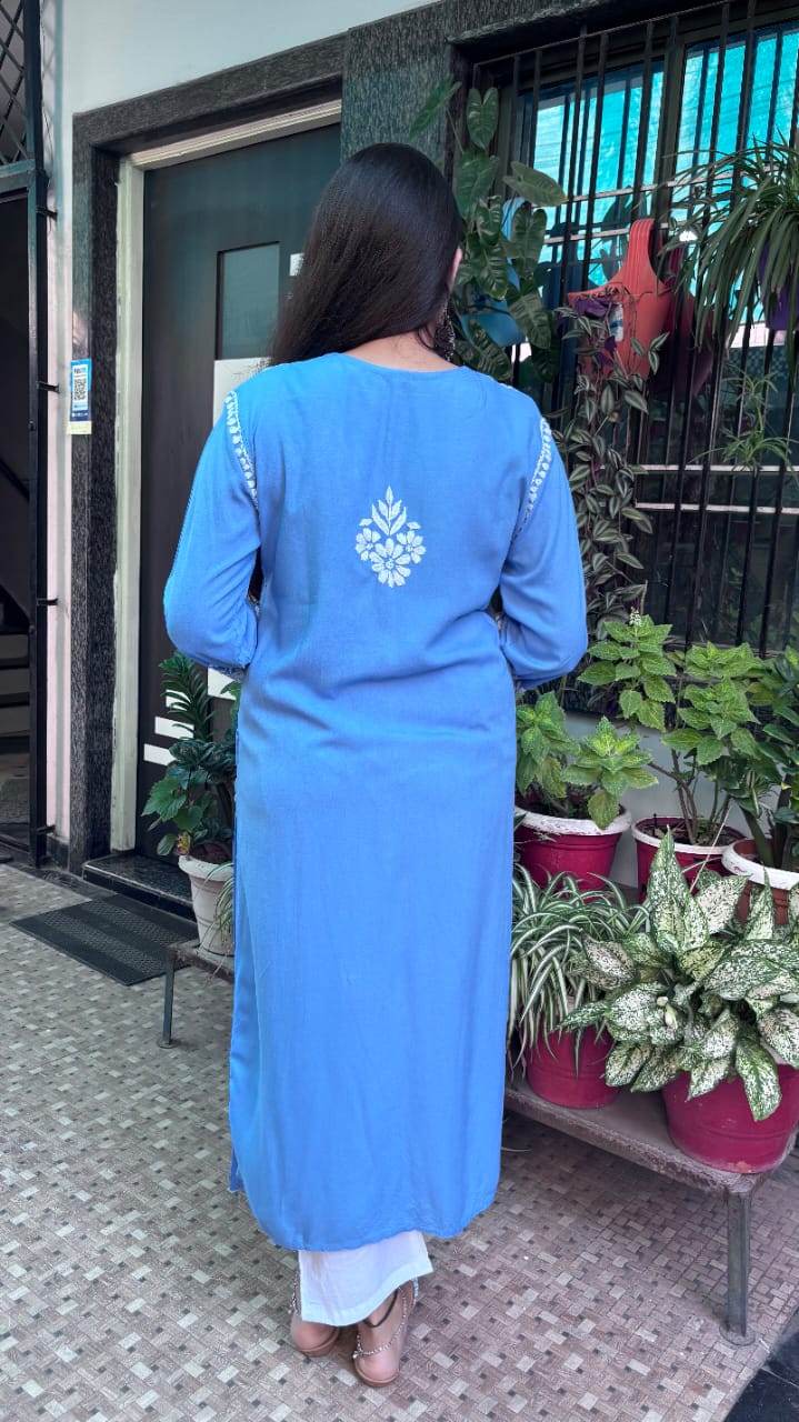 Noor-E-Lucknow Sky Blue Chikankari Kurti - CandiRobes