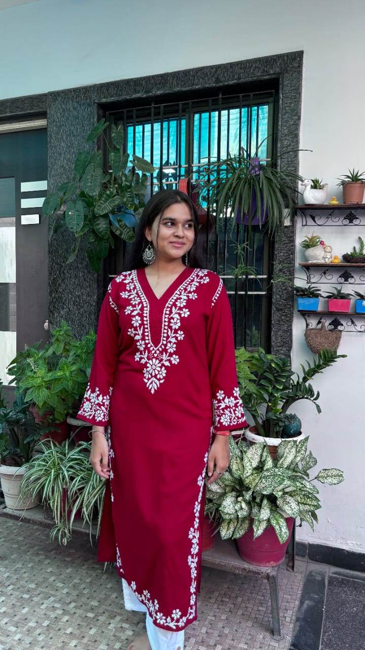 Meher Maroon Chikankari Kurti - CandiRobes
