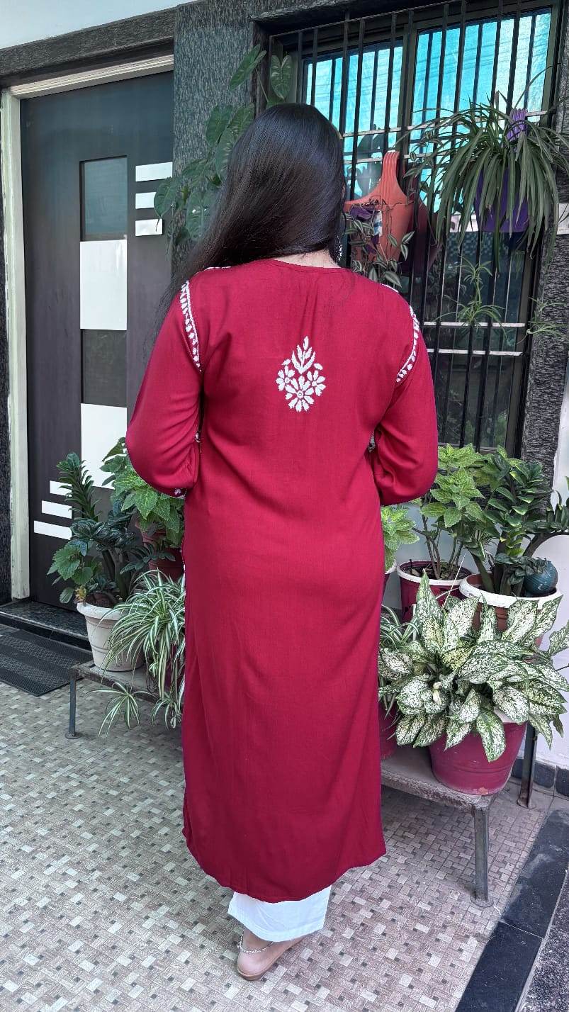 Meher Maroon Chikankari Kurti - CandiRobes