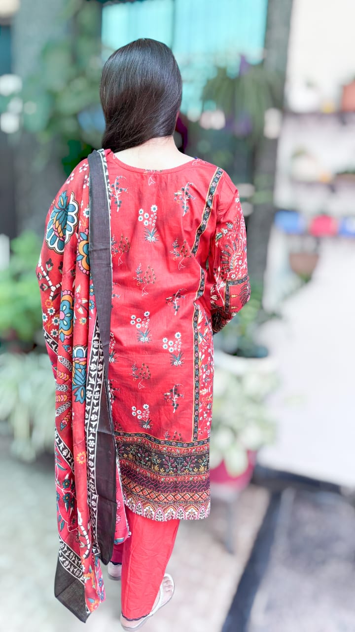 Tomato Rad Digital printed cotton kurta pant dupatta set