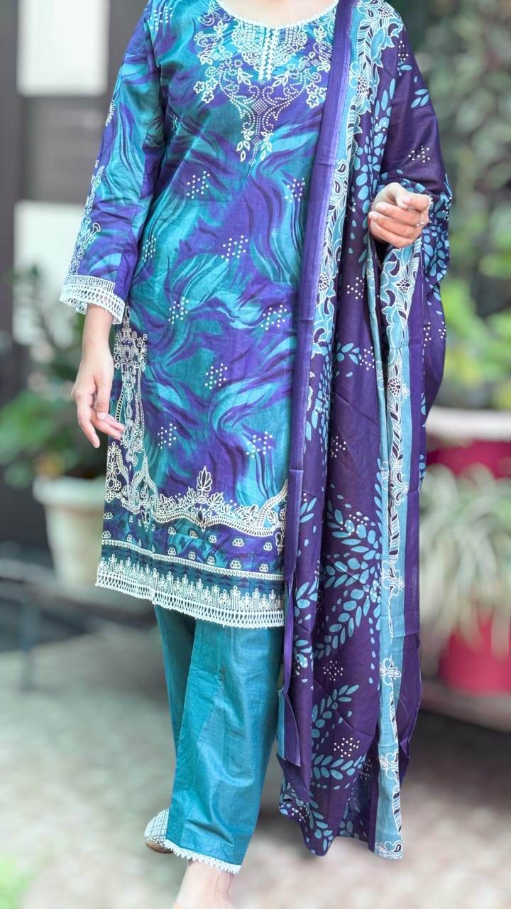Peacock Grace Digital Printed Cotton Kurti Pant Dupatta Set - CandiRobes