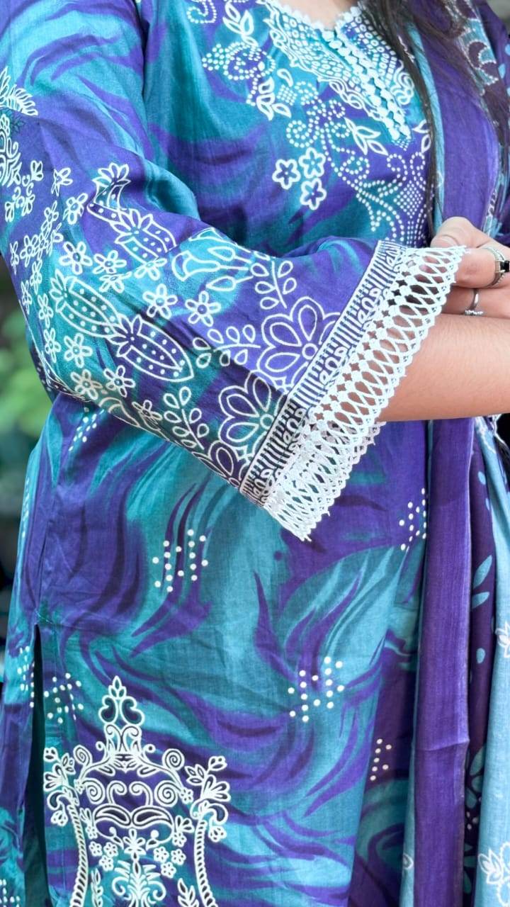 Peacock Grace Digital Printed Cotton Kurti Pant Dupatta Set - CandiRobes