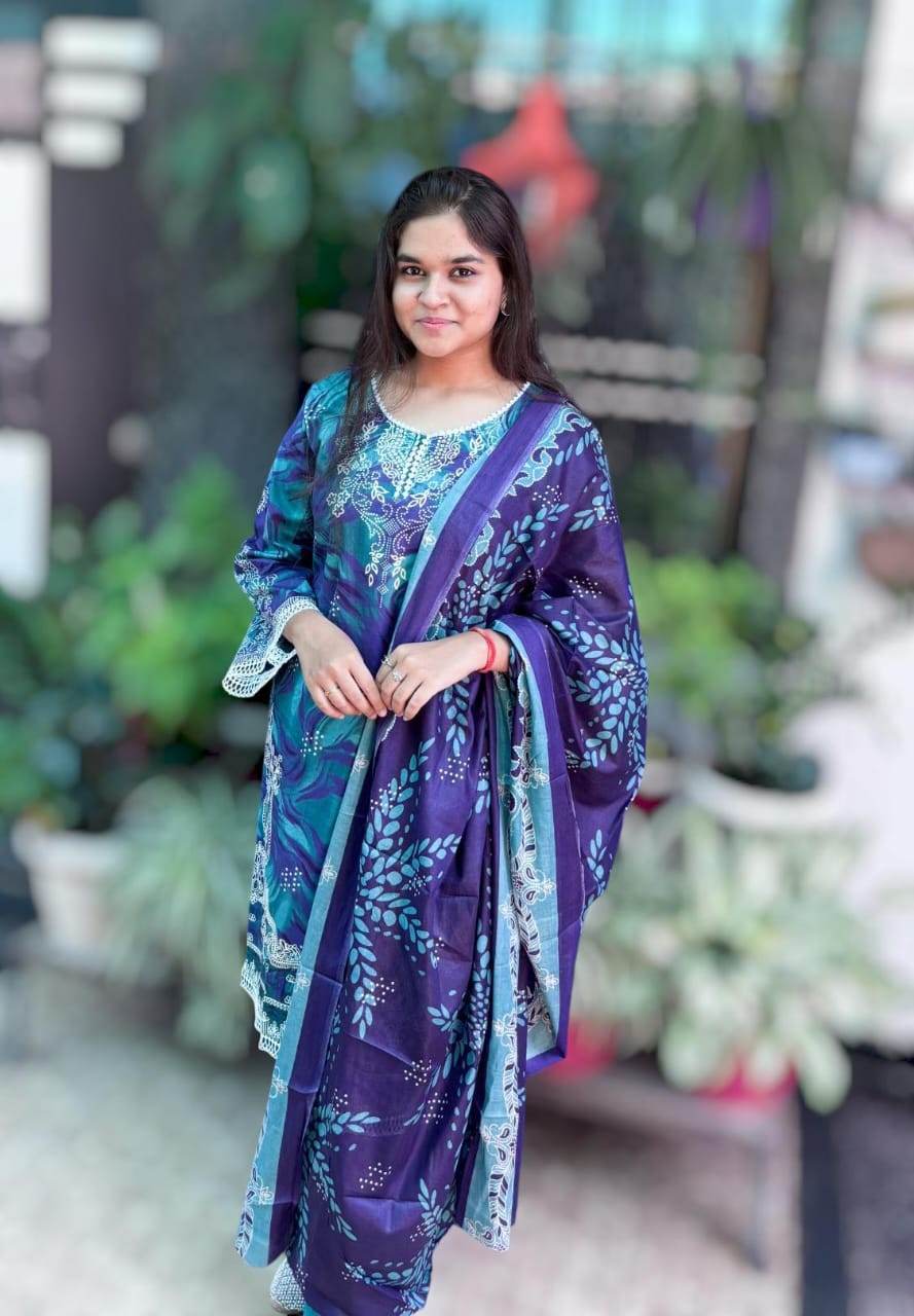 Peacock Grace Digital Printed Cotton Kurti Pant Dupatta Set - CandiRobes