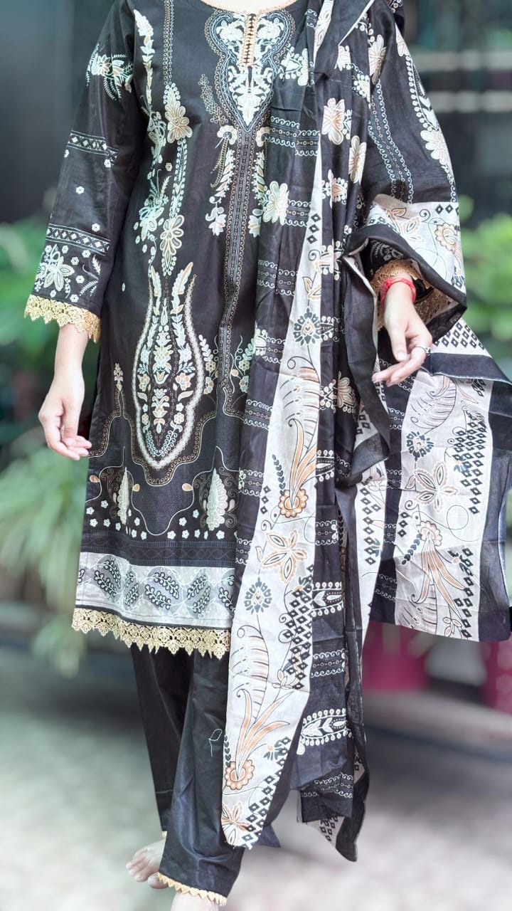 Zehra Black Digital printed cotton kurti pant dupatta set