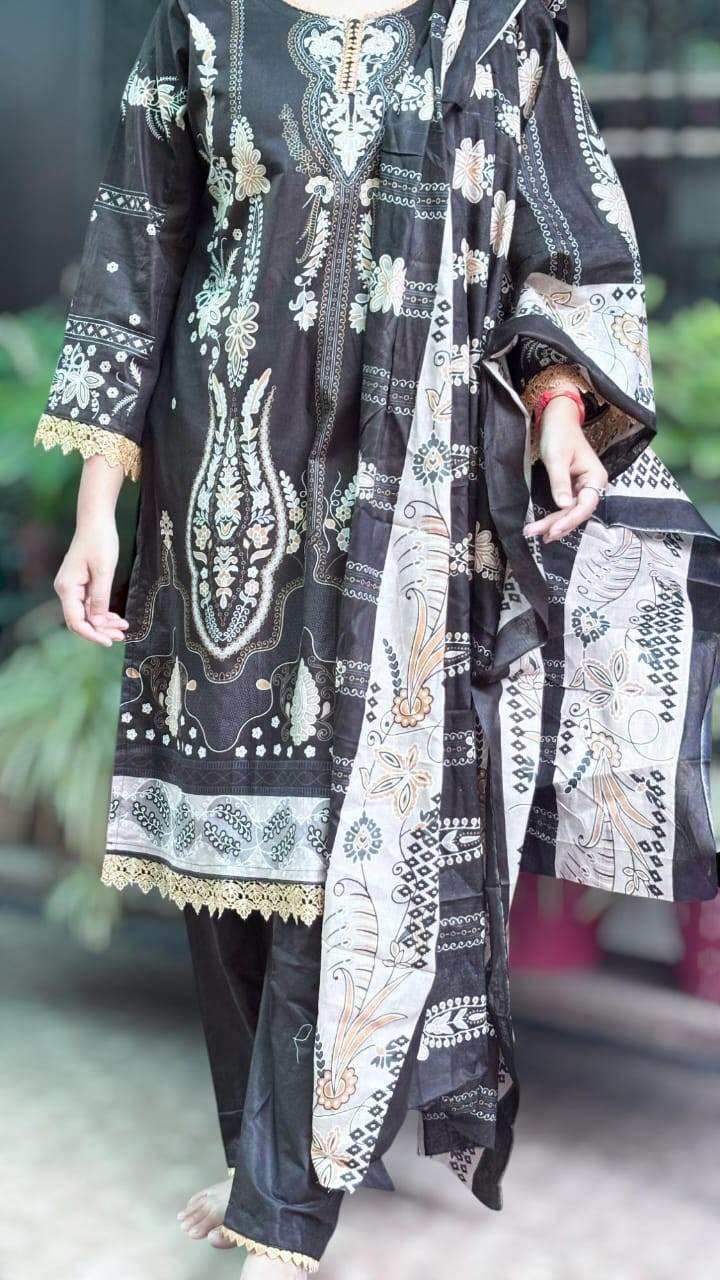 Zehra Black Digital printed cotton kurti pant dupatta set - CandiRobes