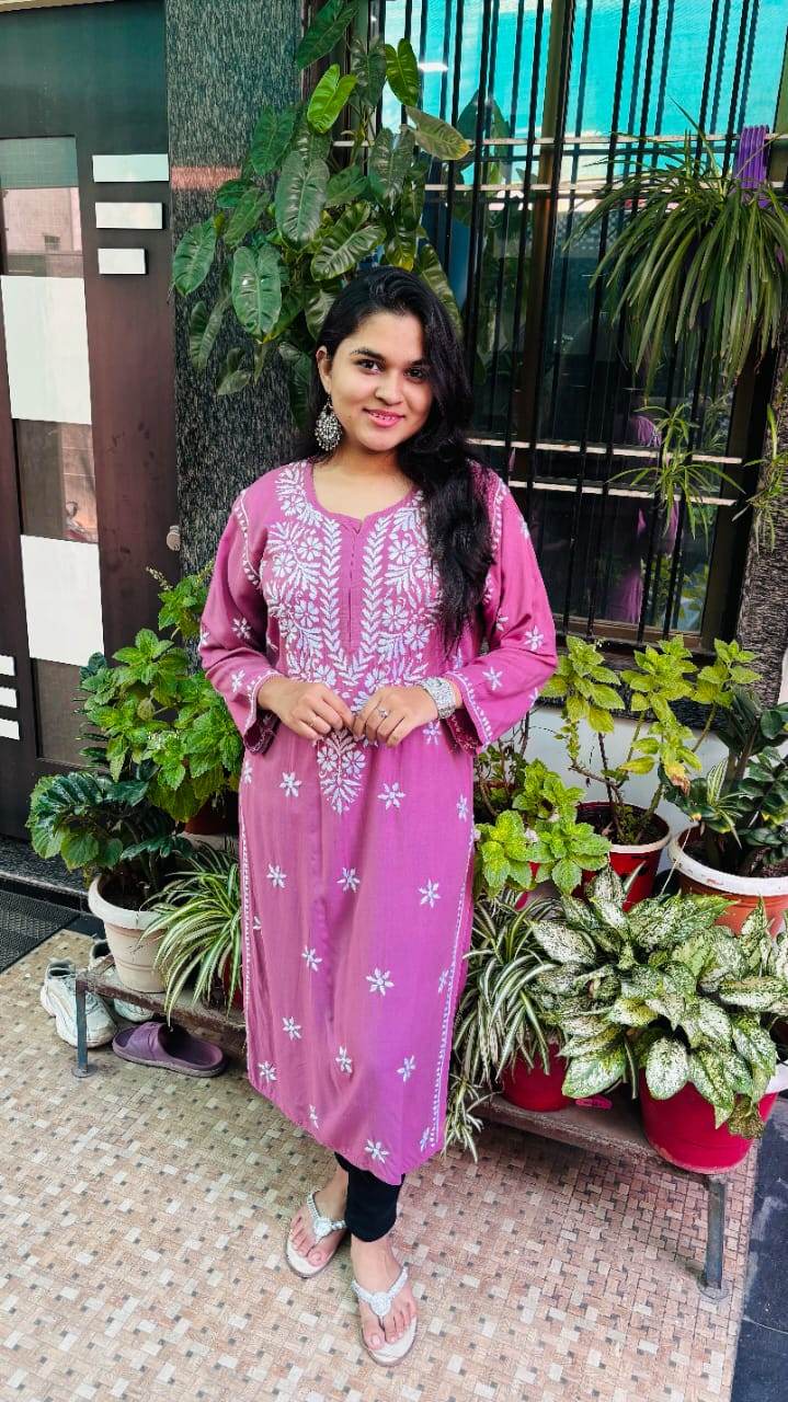 Rose Lavender rayon Chikankari Kurta - CandiRobes