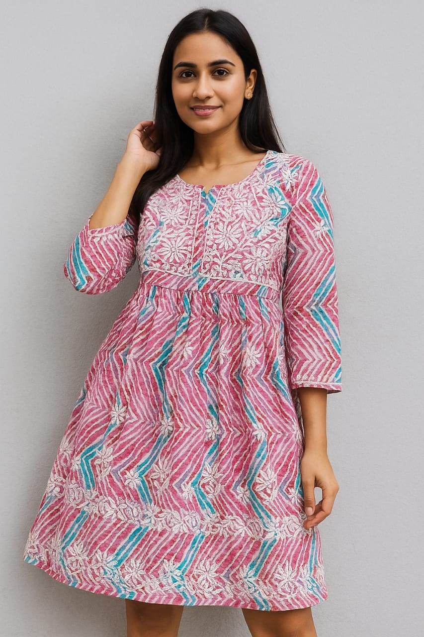 Pink Floral Short Kurti TOP - CandiRobes