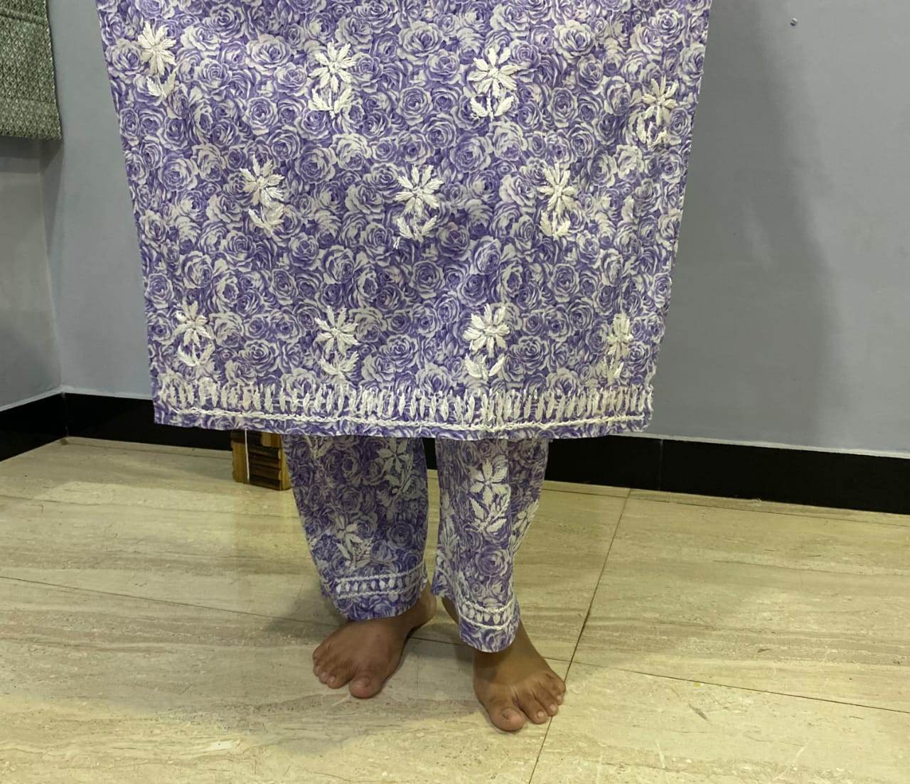 Blue Floral Print Mal Mal Cotton Chikankari Kurti With Pant For Women - CandiRobes