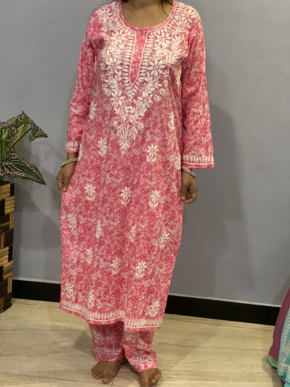 Pink Floral Print Mal Mal Cotton Chikankari Kurti With Pant For Women