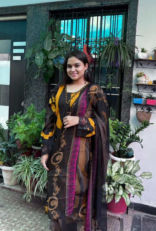 Mustard Black Swirl Pakistani Lawn Cotton Kurta Set - CandiRobes