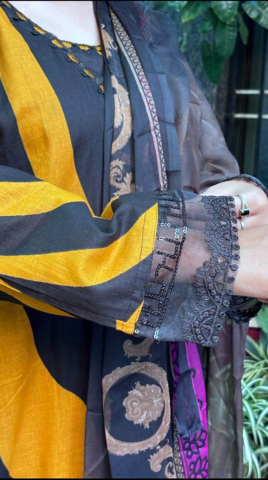 Mustard Black Swirl Pakistani Lawn Cotton Kurta Set - CandiRobes