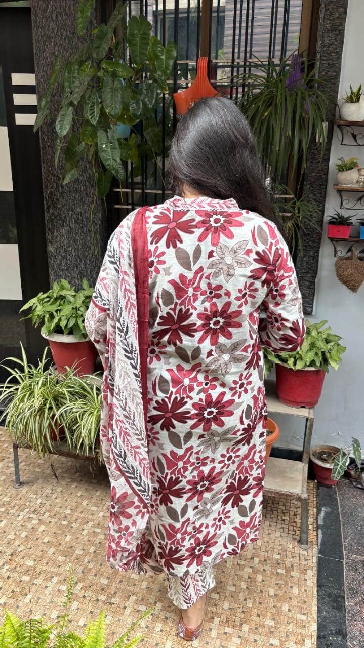 Maroon white Floral print jaipuri dupatta set - CandiRobes