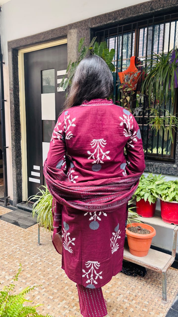 Maroon Handblock Print Cotton Kurti Pant Dupatta Set