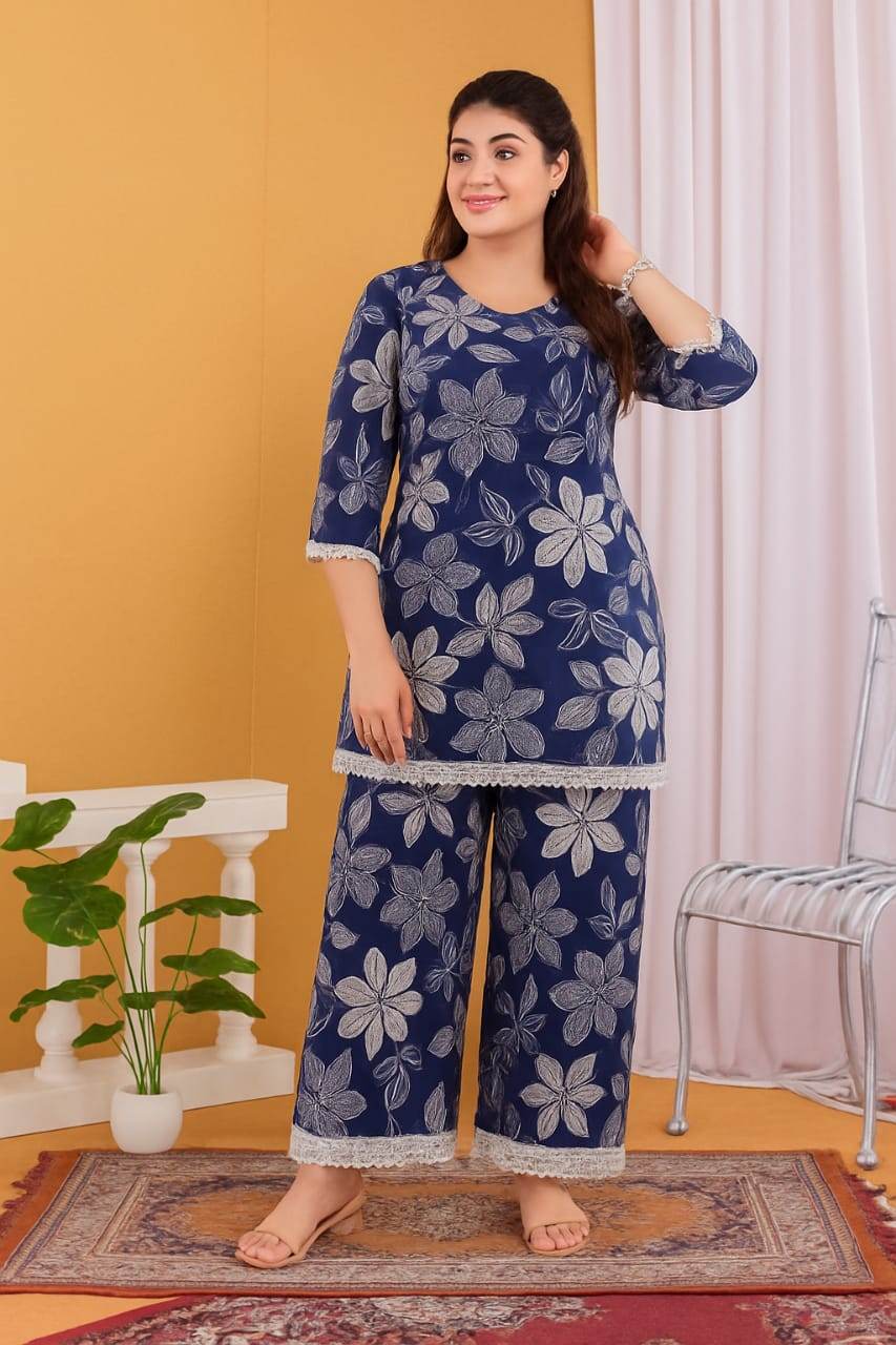 Navy Blue Floral Cotton Co-ord Set - CandiRobes