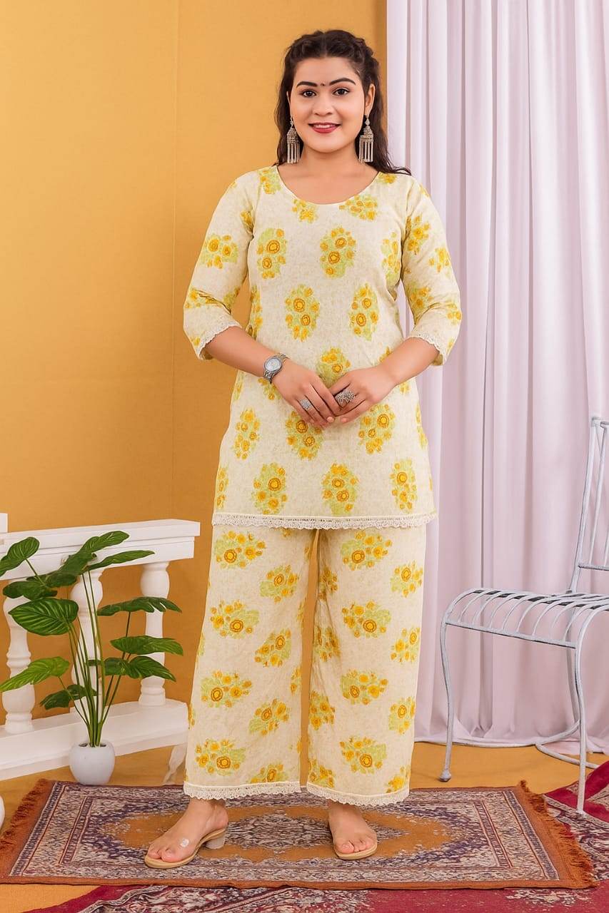 Sunshine Yellow Floral Cotton Co-ord Set - CandiRobes