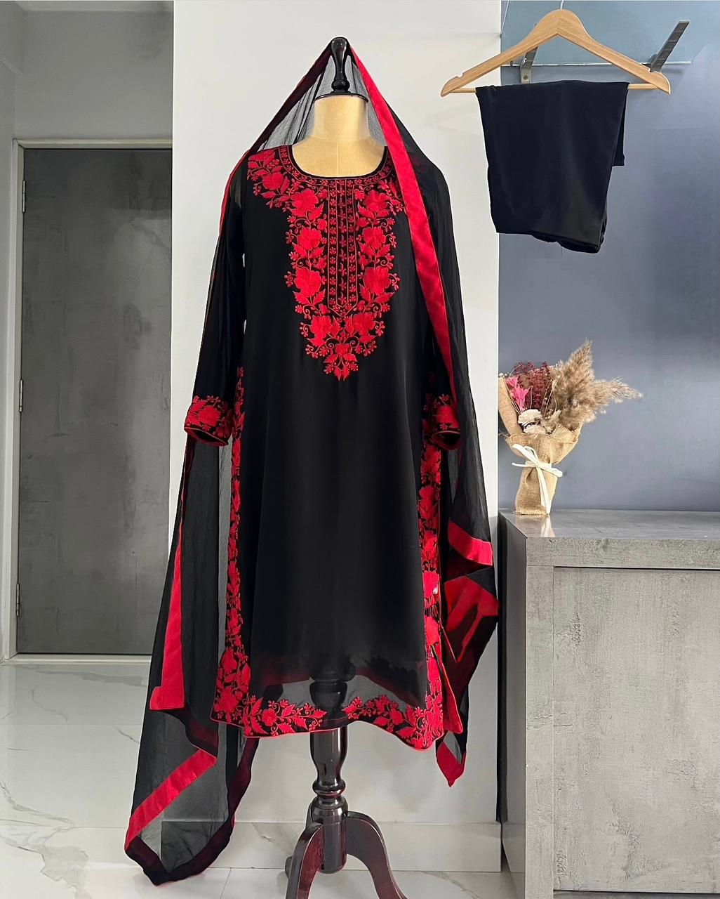 Saiyaara Red & Black Embroidery Kurti Pant Dupatta Set