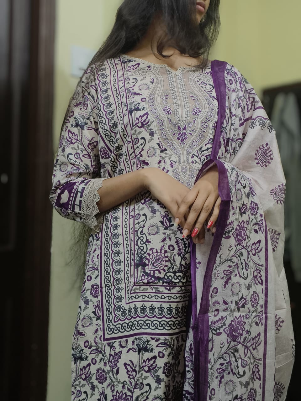 Lavender Cream Digital Print Kurti Pant Dupatta Set