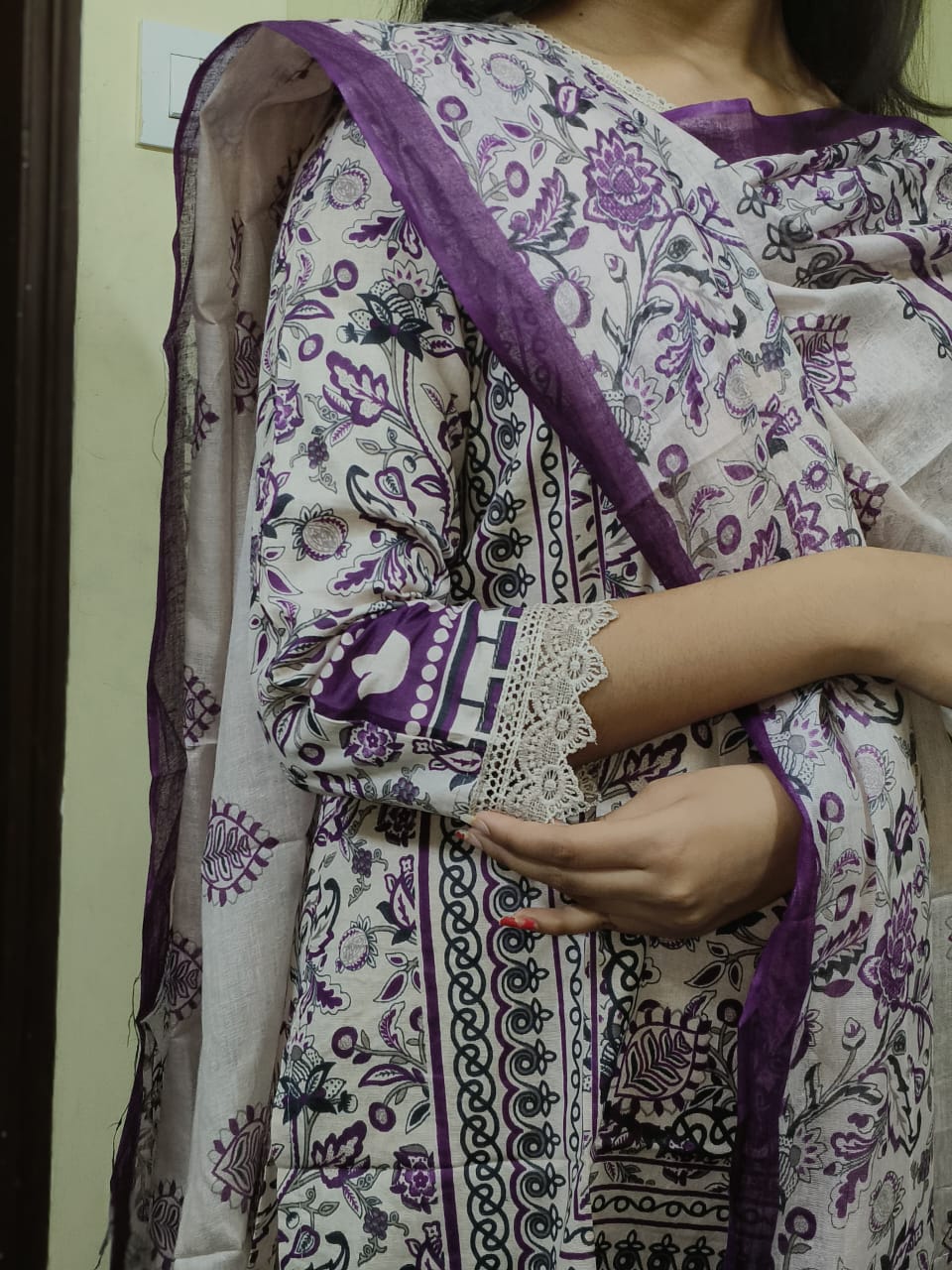 Lavender Cream Digital Print Kurti Pant Dupatta Set