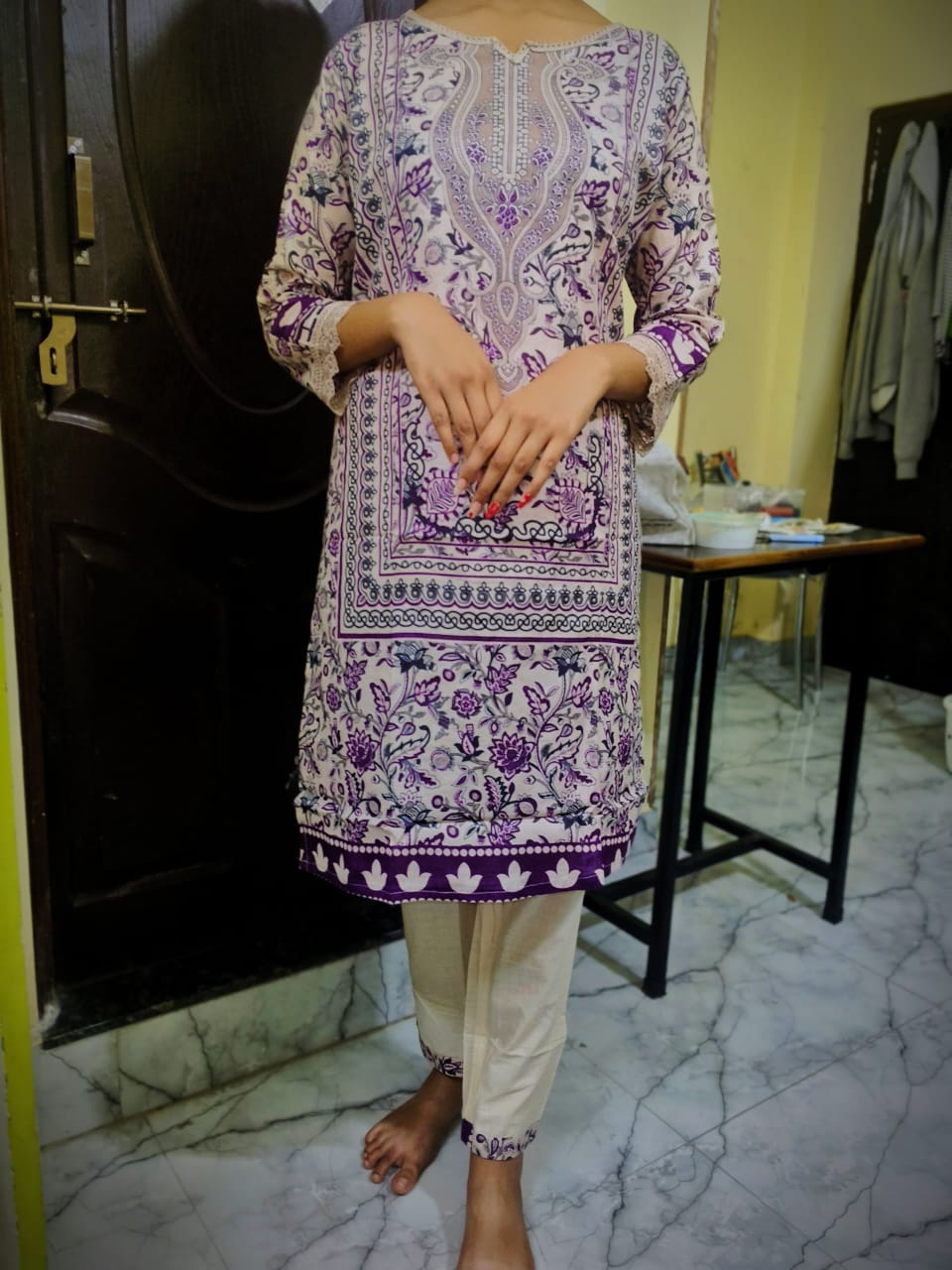 Lavender Cream Digital Print Kurti Pant Dupatta Set