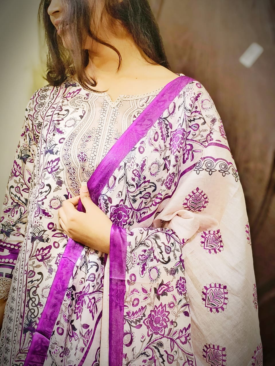 Lavender Cream Digital Print Kurti Pant Dupatta Set
