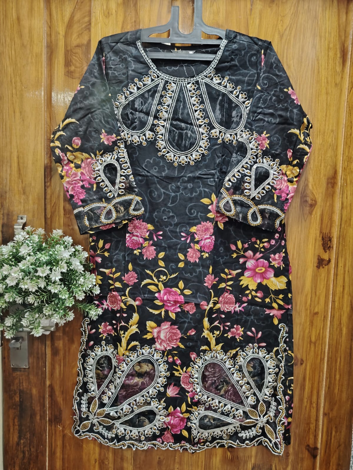 Noor-E-Black Floral Embroidered Kurti Pant Dupatta Set