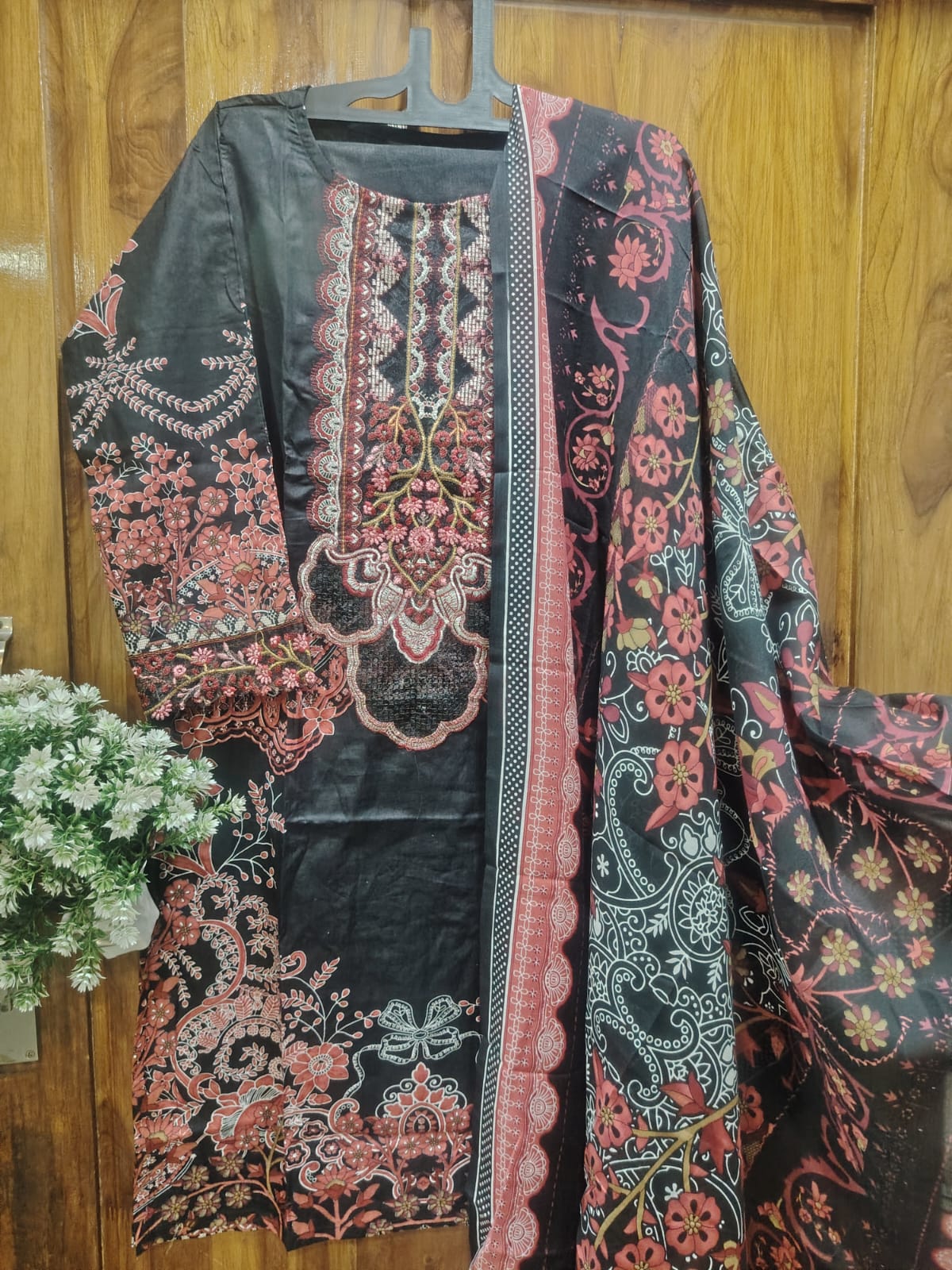 Black & Red Embroidery Kurti Pant Dupatta Set