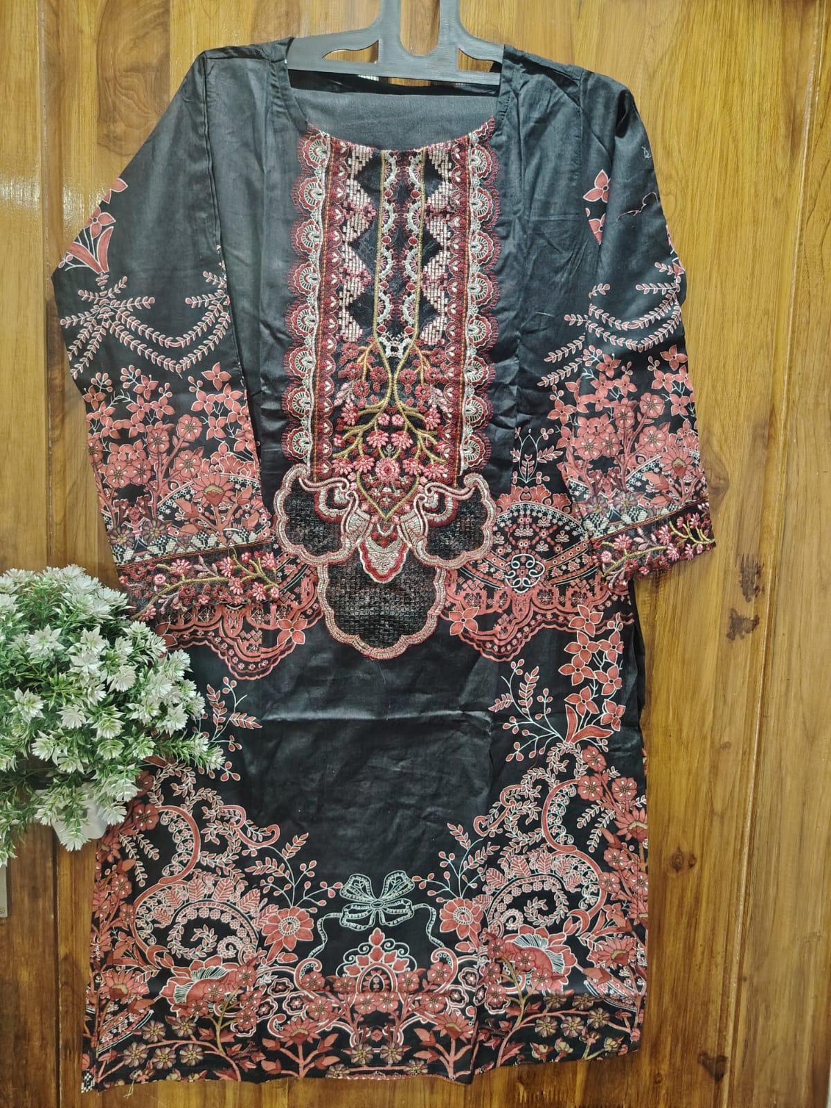 Black & Red Embroidery Kurti Pant Dupatta Set