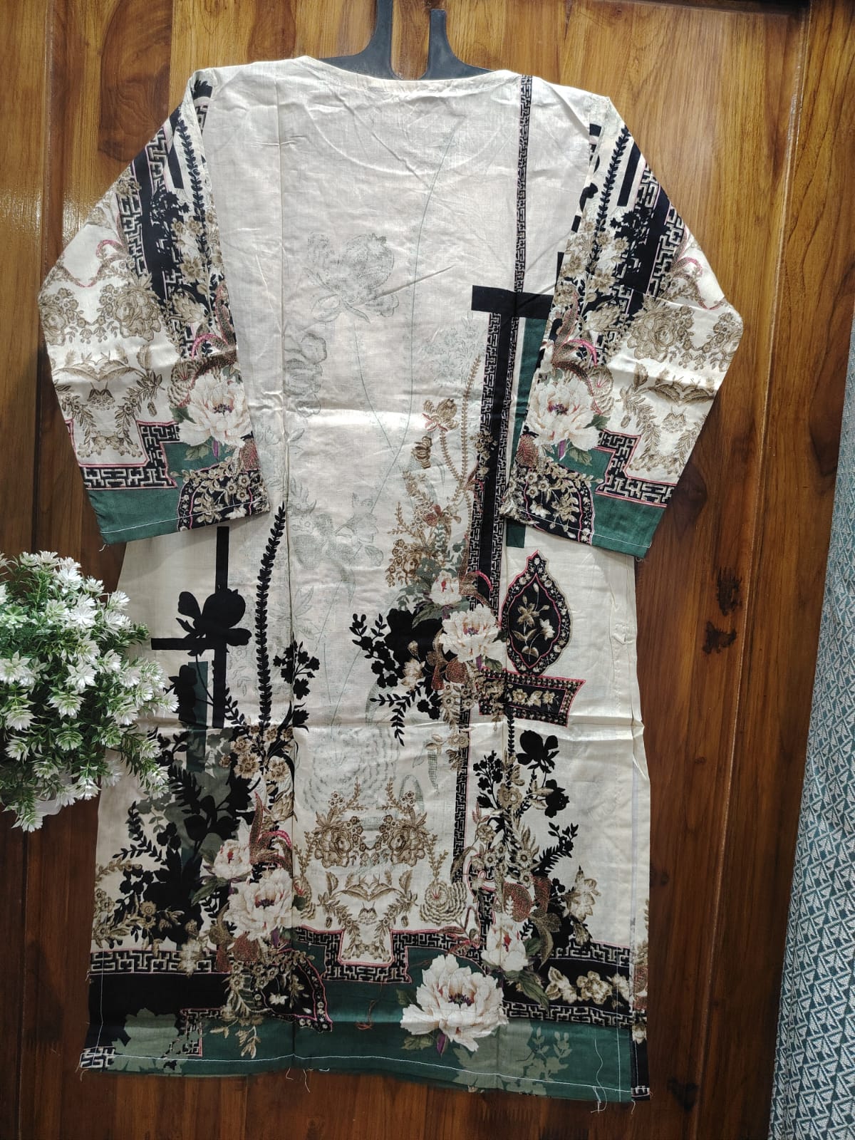 Cream & Black Embroidery Kurti Pant Dupatta Set