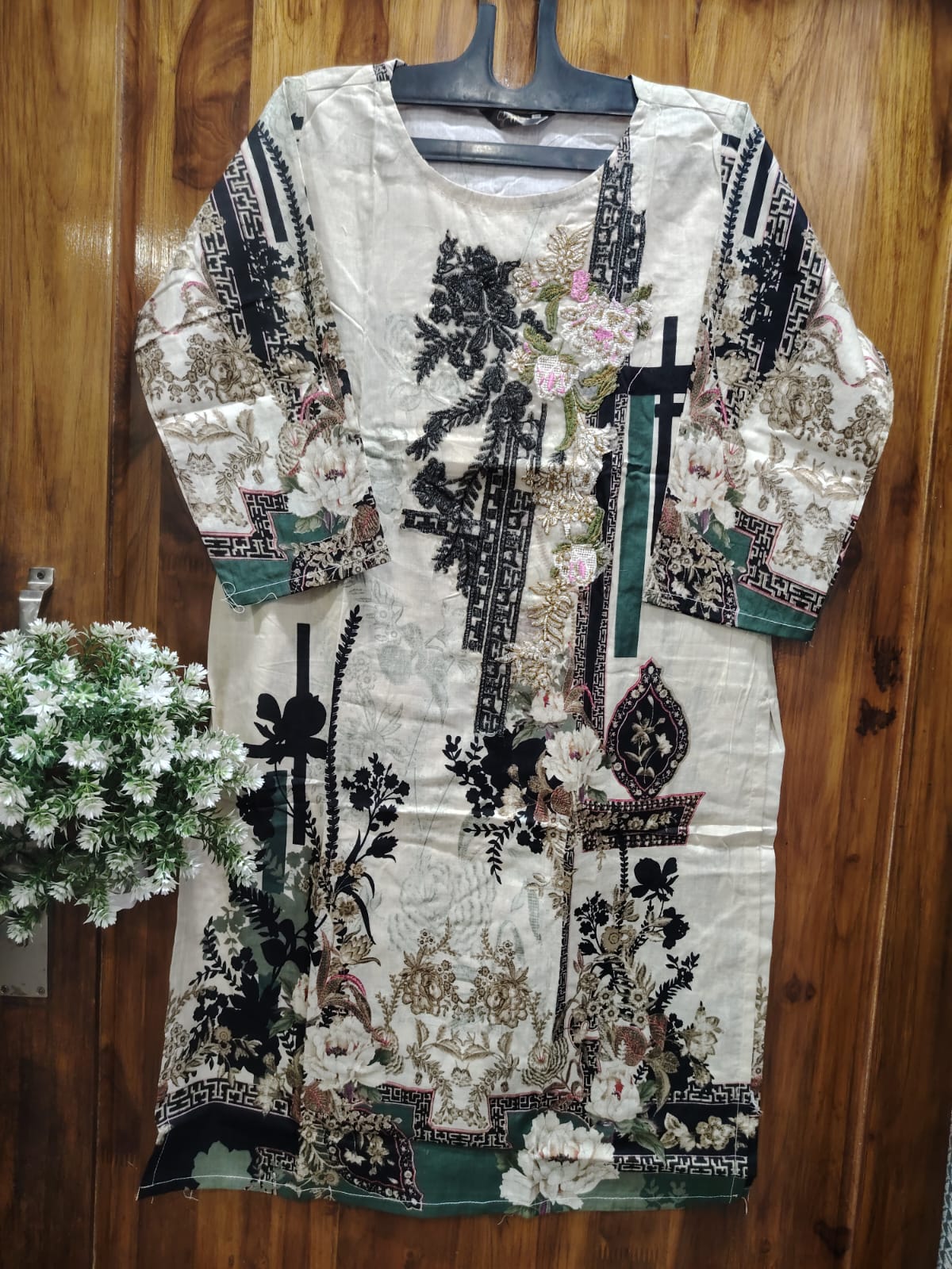 Cream & Black Embroidery Kurti Pant Dupatta Set