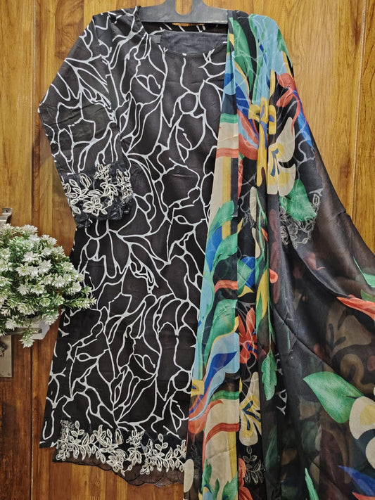 Black Embroidery Kurti Pant Dupatta Set