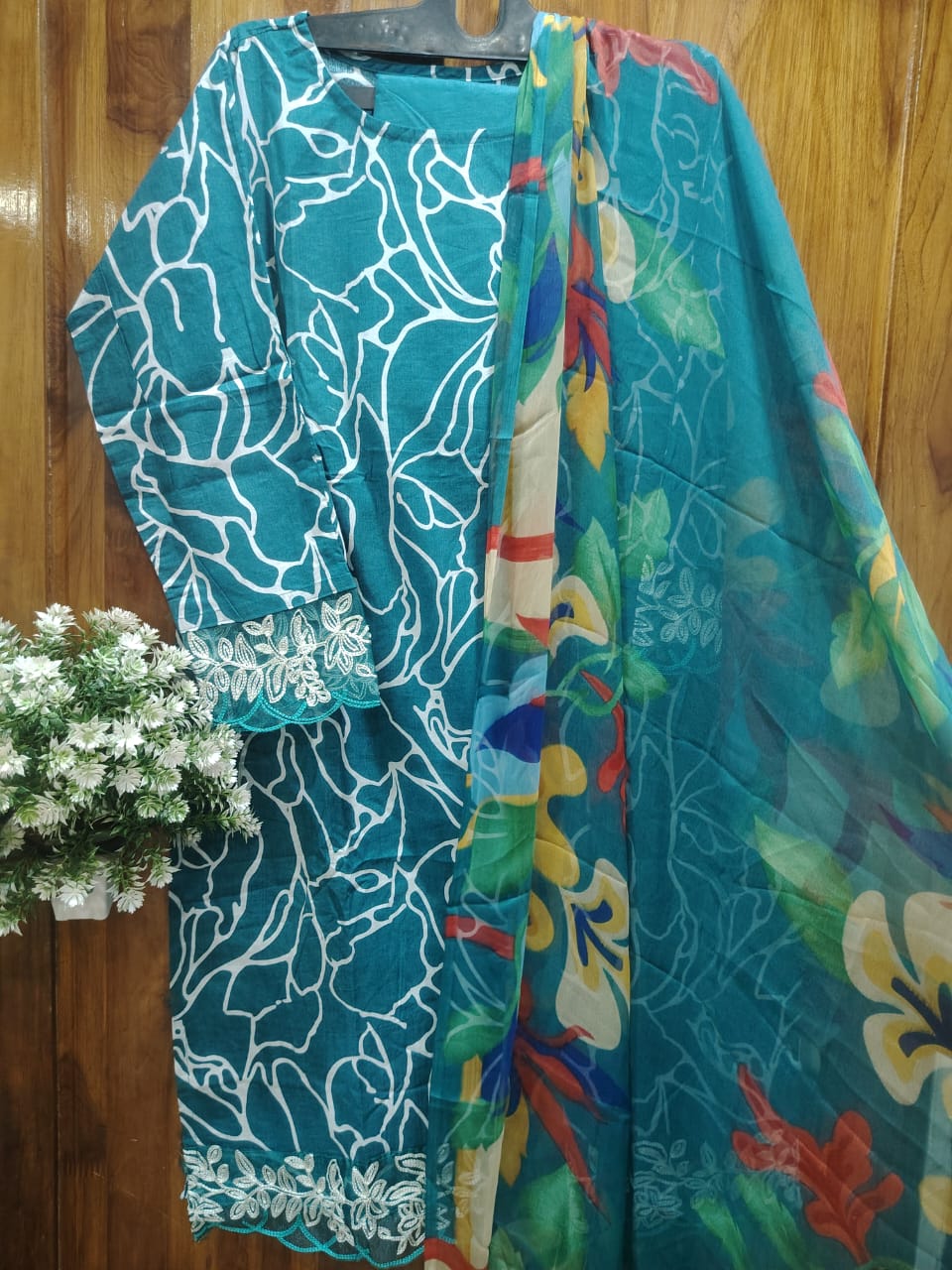 Sea Green Embroidery Kurti Pant Dupatta Set