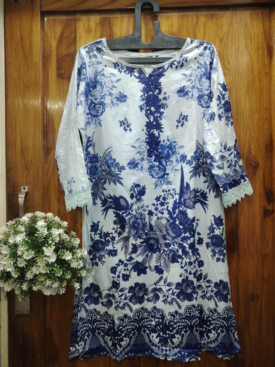 White Blue Digital Print Kurti Pant Dupatta Set