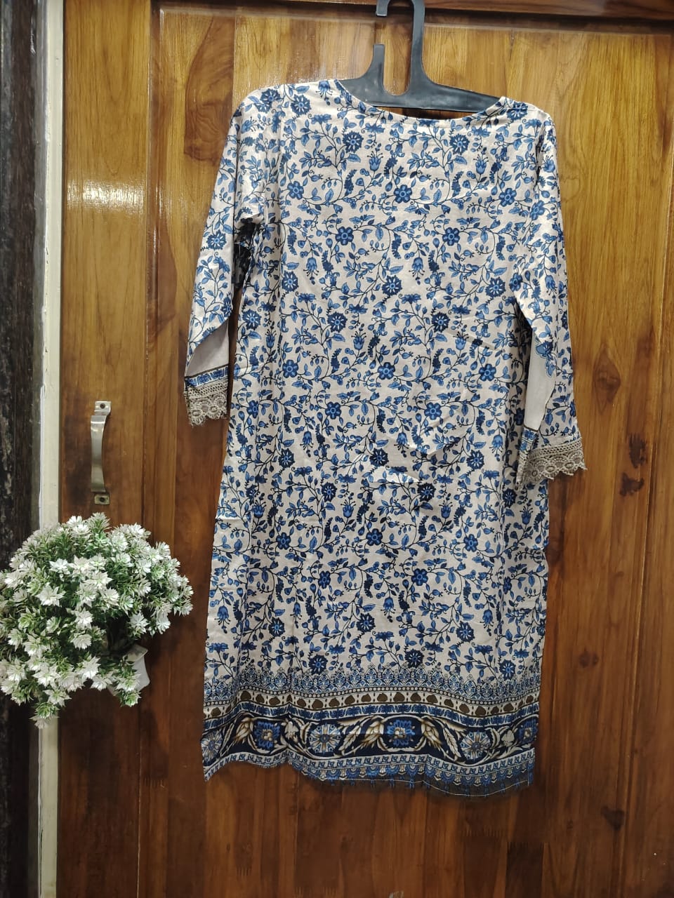 Cream & Blue Digital Print Kurti Pant Dupatta Set