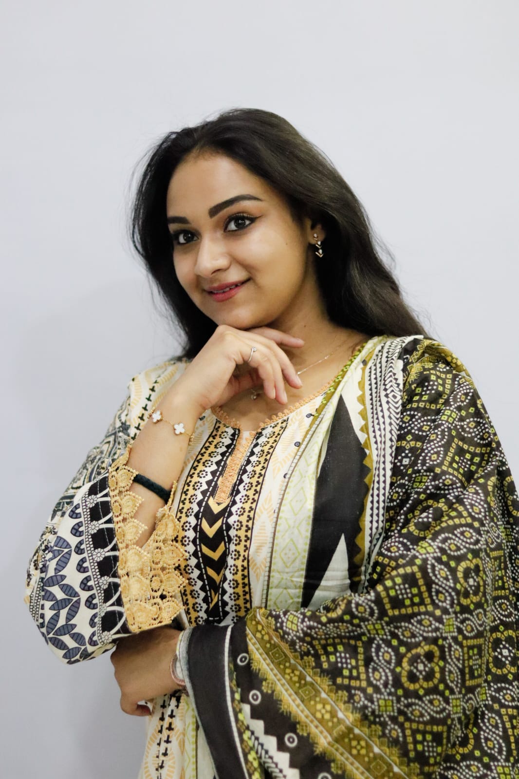 cream yellow digital printed cotton kurti pant Dupatta set