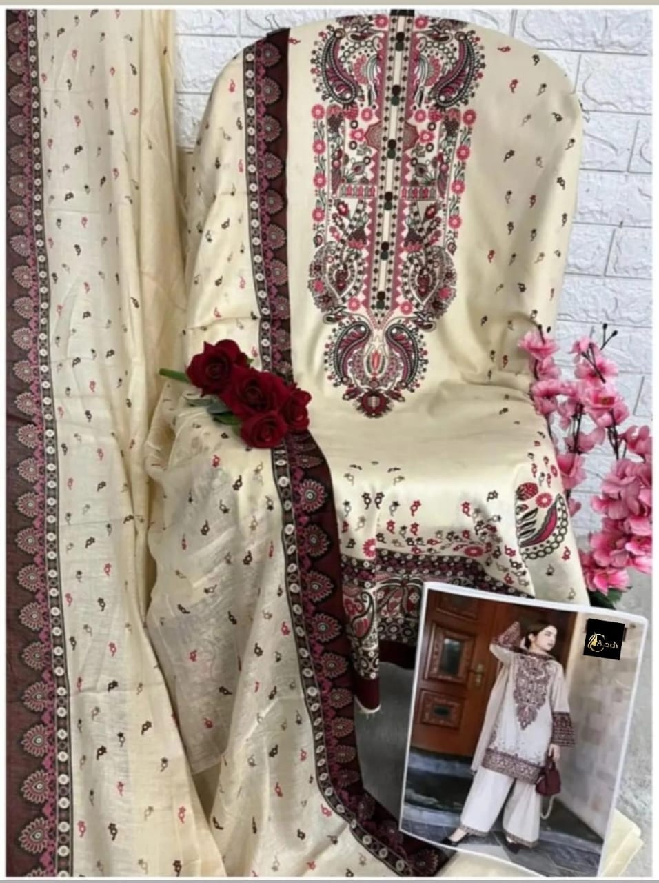 Cream Red Digital Print Kurti Pant Dupatta Set,