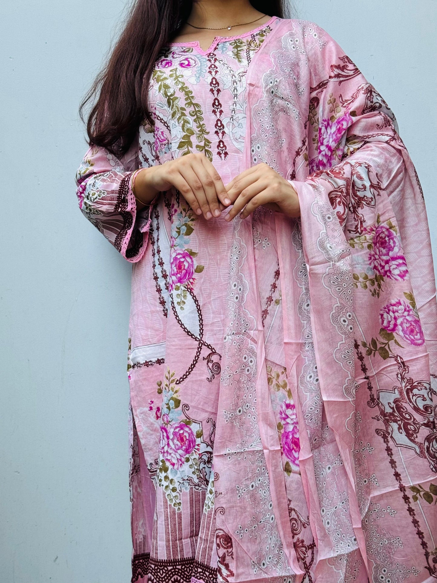 Pink Digital Print Kurti Pant Dupatta Set,