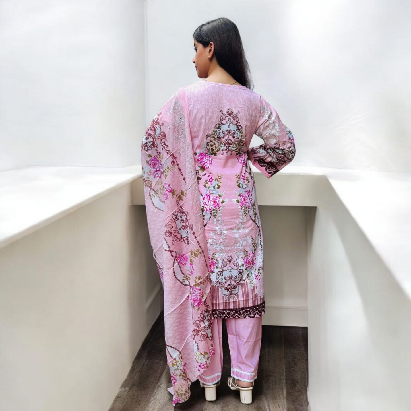 Pink Digital Print Kurti Pant Dupatta Set,