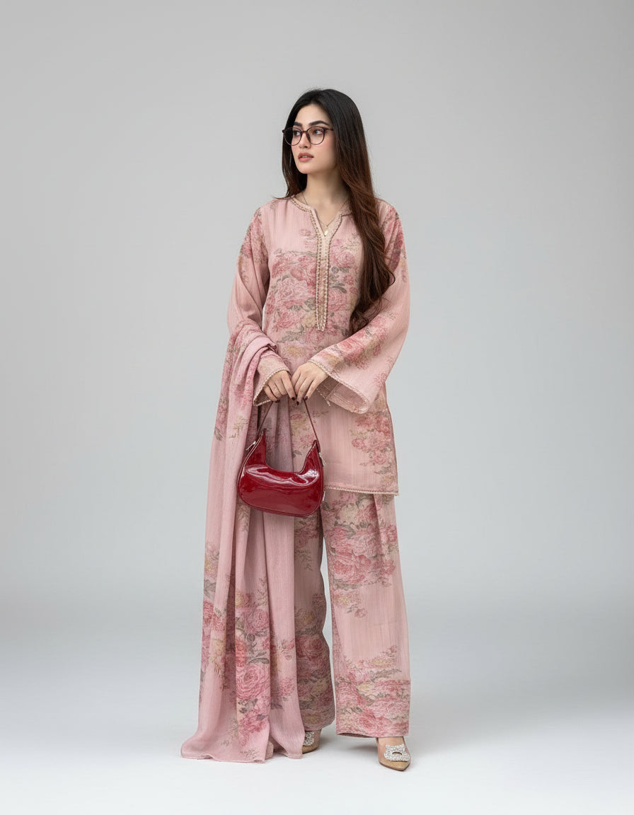 Pink Floral Georgette Farsi Salwar Dupatta Set