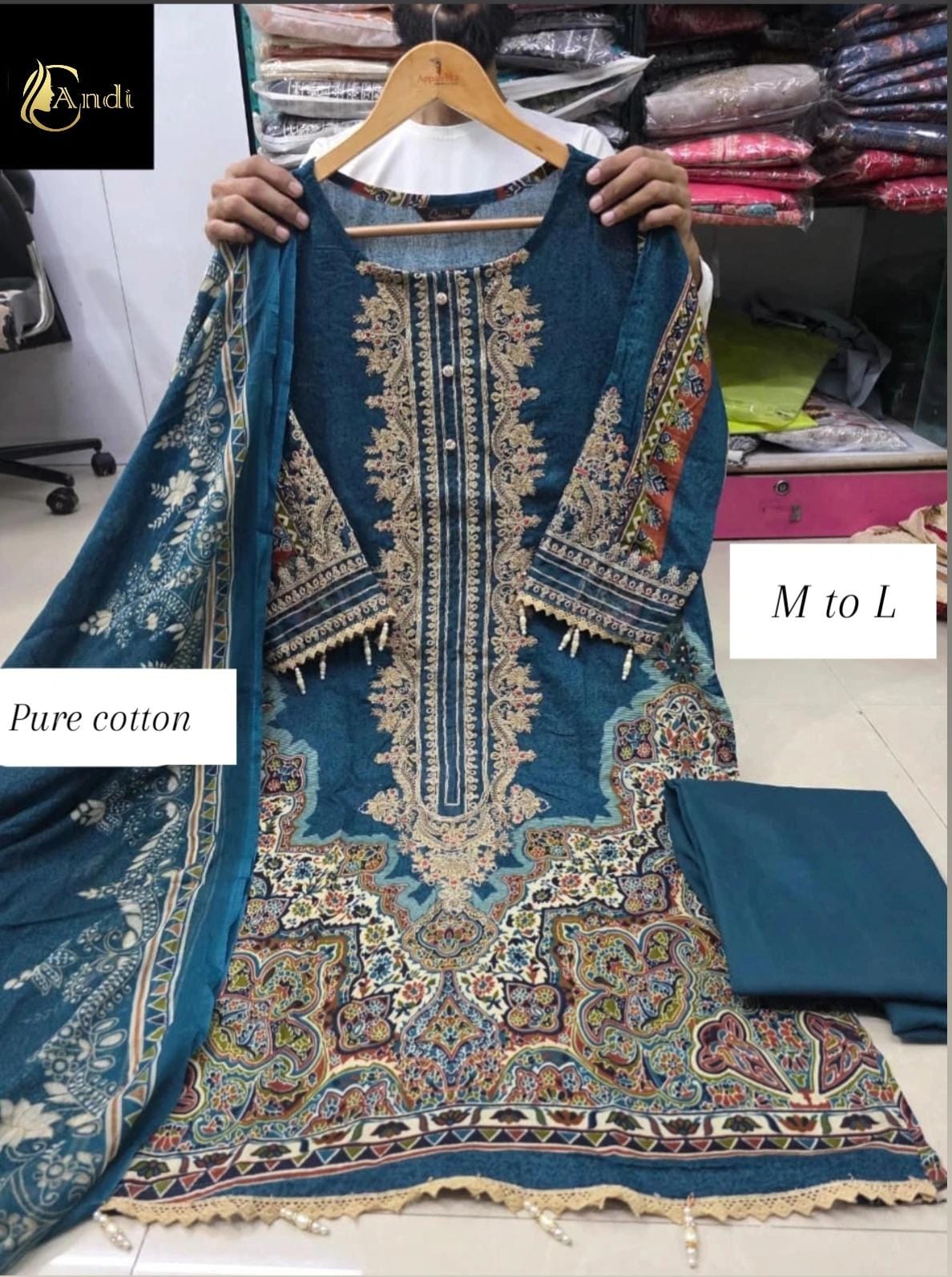 Royal Blue Heavy Embroidery Cotton Suit Set