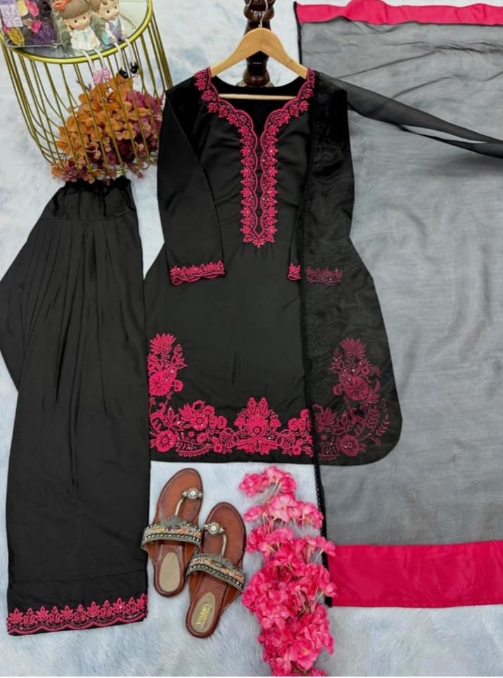Black Pink Embroidered Georgette Farsi Salwar Dupatta Set
