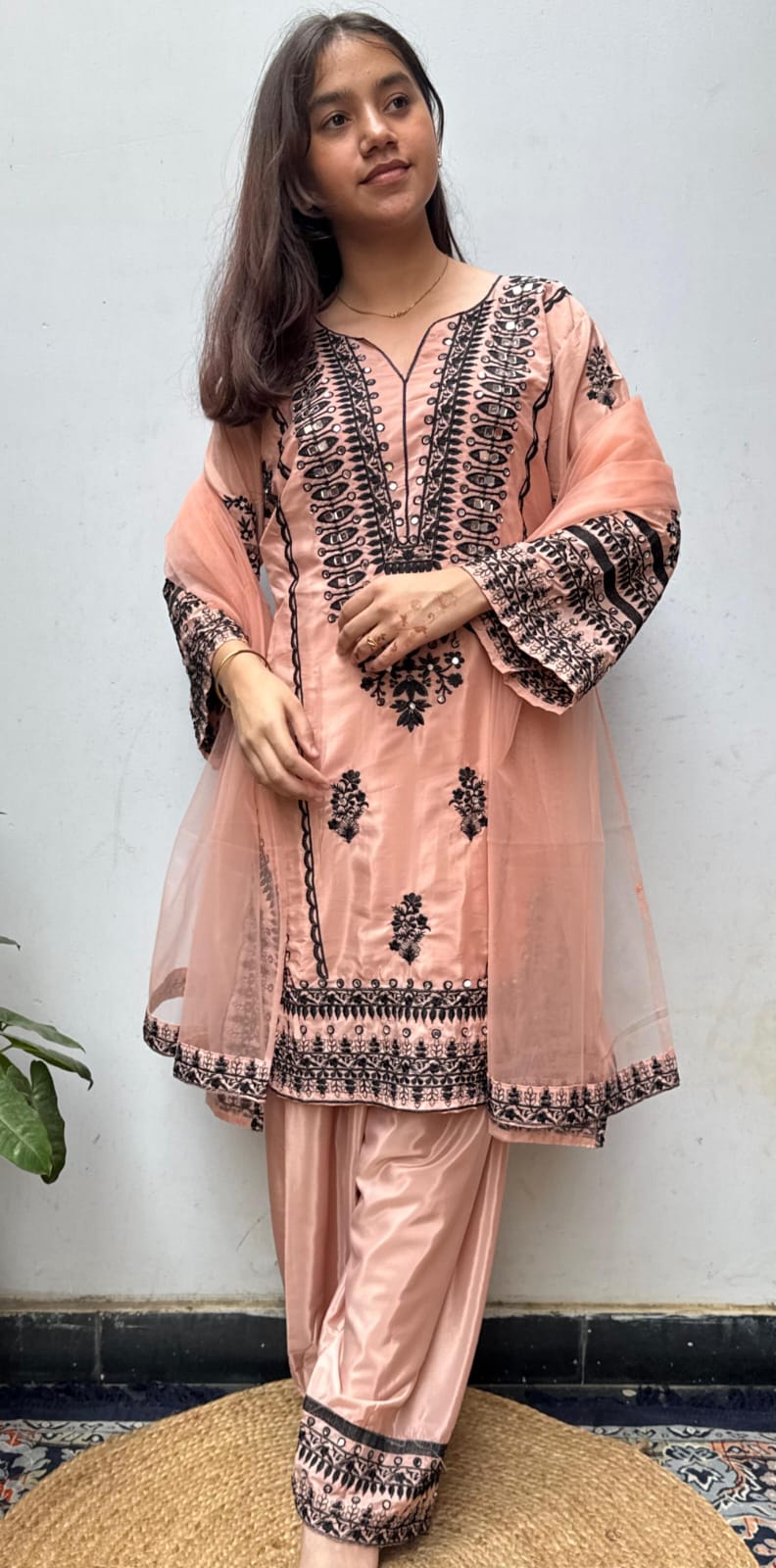 Peach Black Embroidered Farsi Salwar Suit