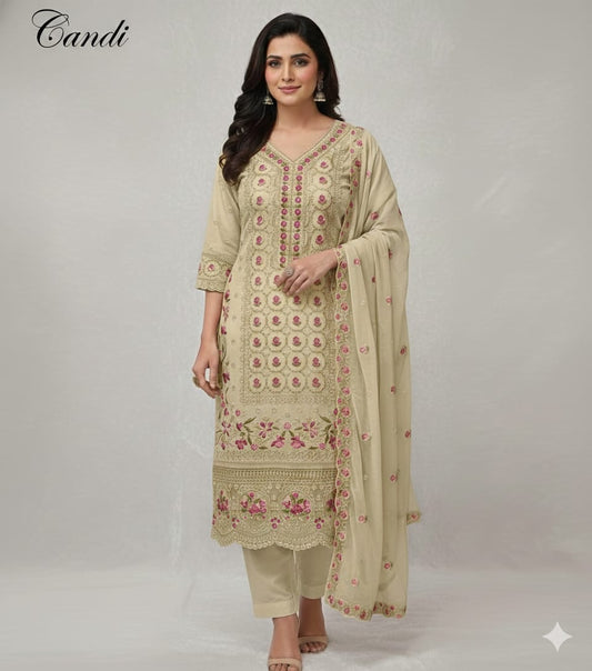 Golden Chikankari Work Unstitched Suit Set πΈ